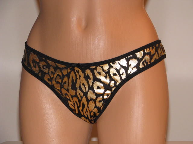 Front view of gold and black thong.
